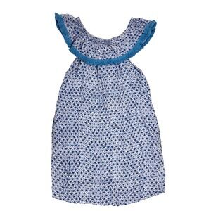 Roberta Roller Rabbit Lucia Off Shoulder Blue White Block Print Fringe‎ Dress XS